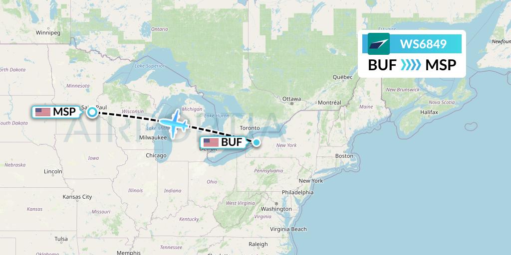 WS6849 WestJet Flight Map: Buffalo to Minneapolis