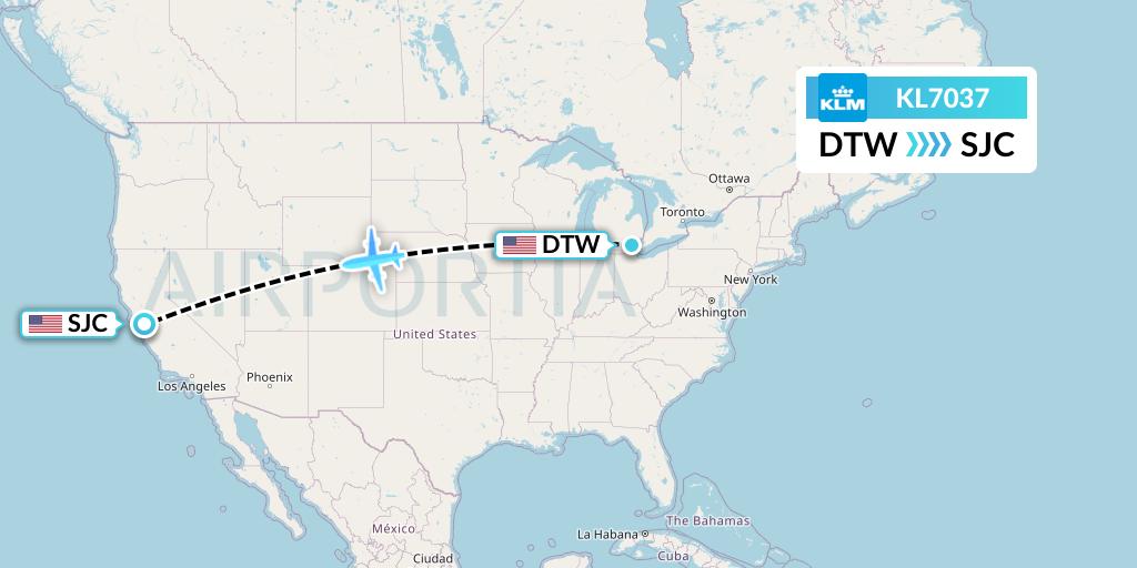 KL7037 KLM Flight Map: Detroit to San Jose