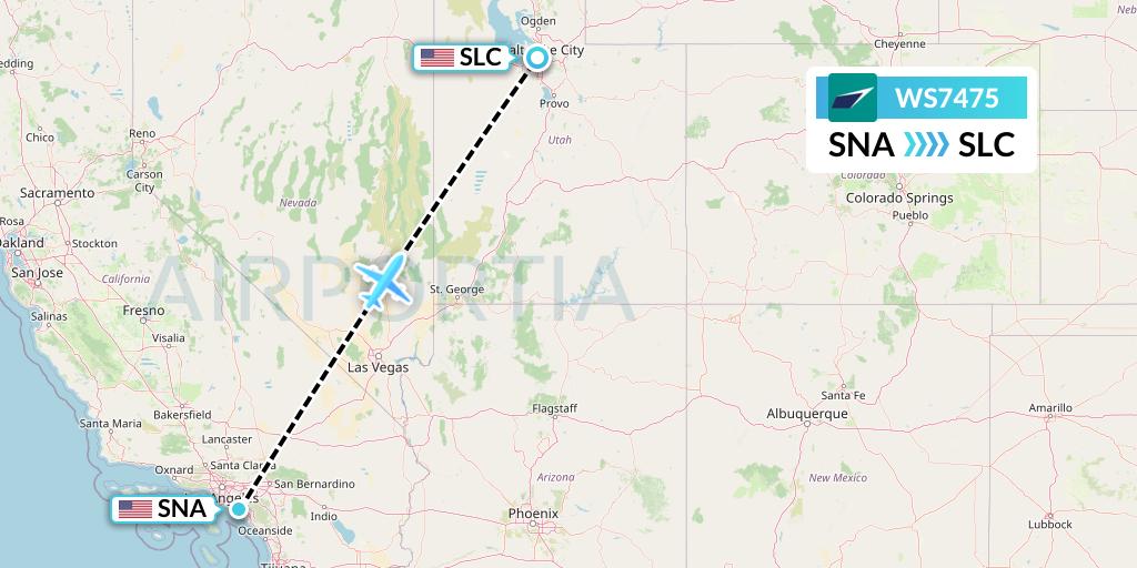 WS7475 WestJet Flight Map: Orange County to Salt Lake City