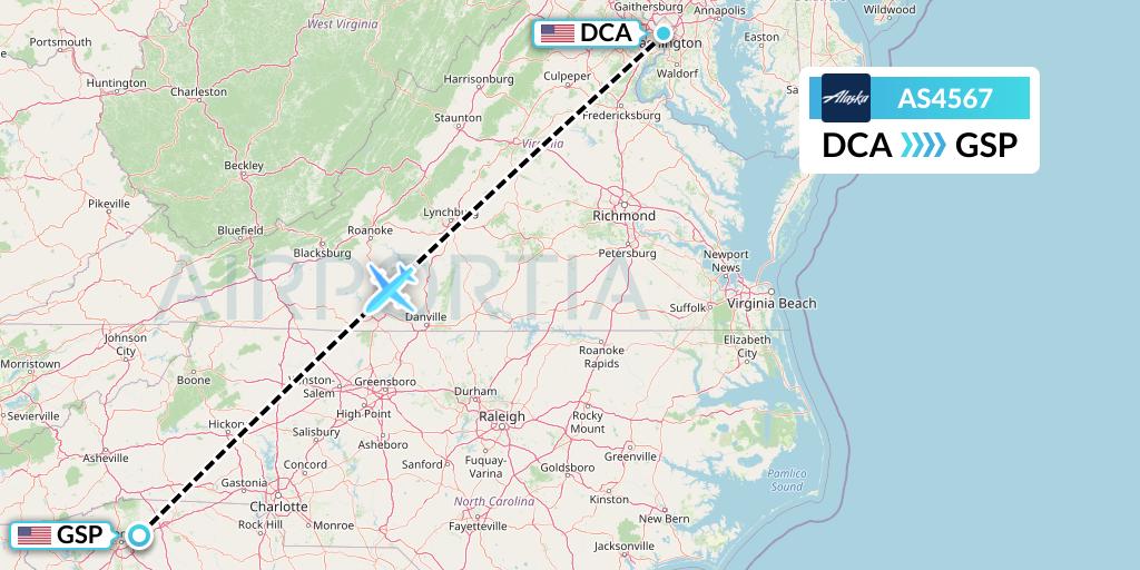 AS4567 Alaska Airlines Flight Map: Washington to Greenville-Spartanburg