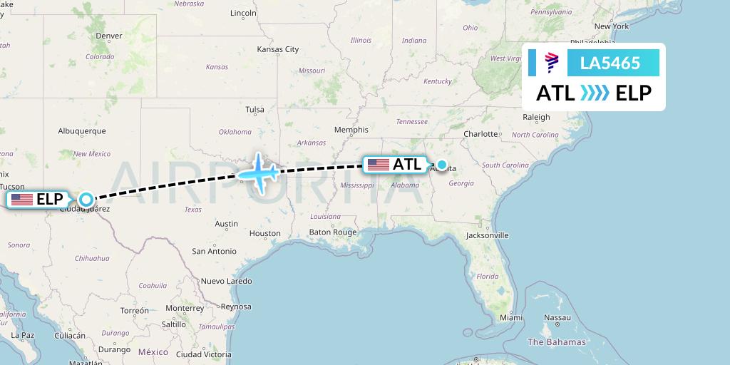 LA5465 LAN Airlines Flight Map: Atlanta to El Paso