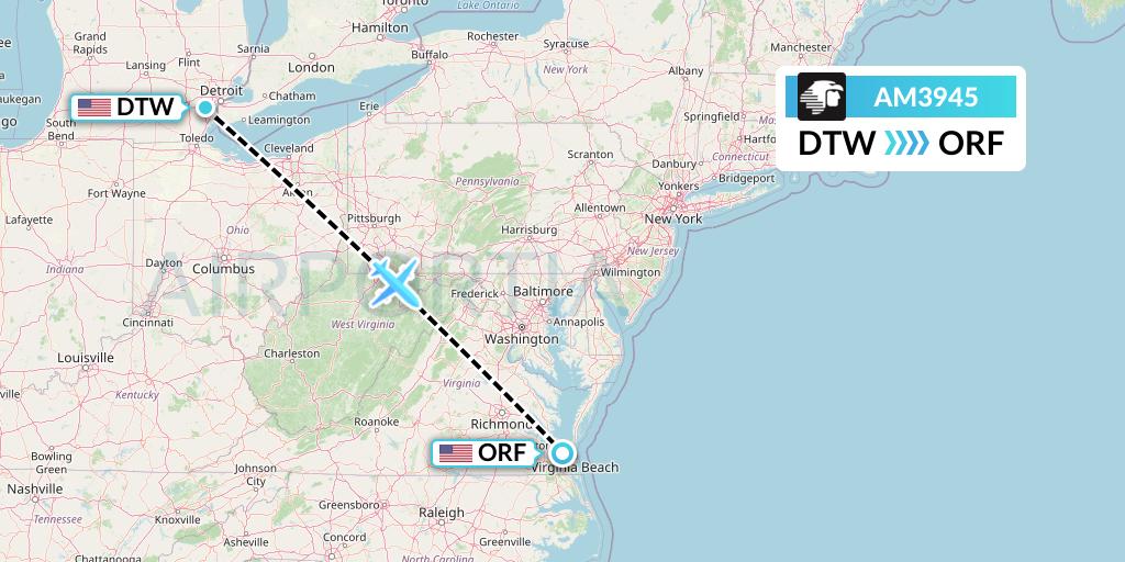 AM3945 Aeromexico Flight Map: Detroit to Norfolk