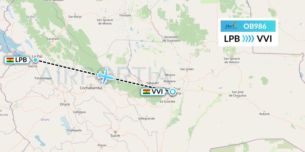 OB986 Boliviana de Aviacion Flight Map: La Paz to Santa Cruz