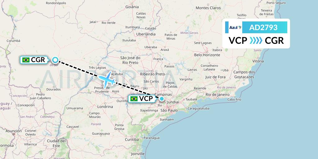 AD2793 Azul Brazilian Airlines Flight Map: Campinas to Campo Grande