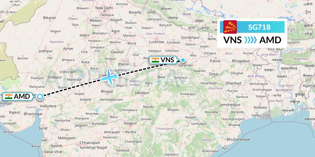 SG718 SpiceJet Flight Map: Varanasi to Ahmedabad
