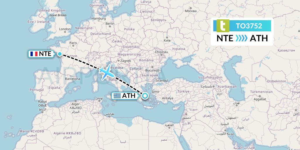 TO3752 Transavia France Flight Map: Nantes to Athens