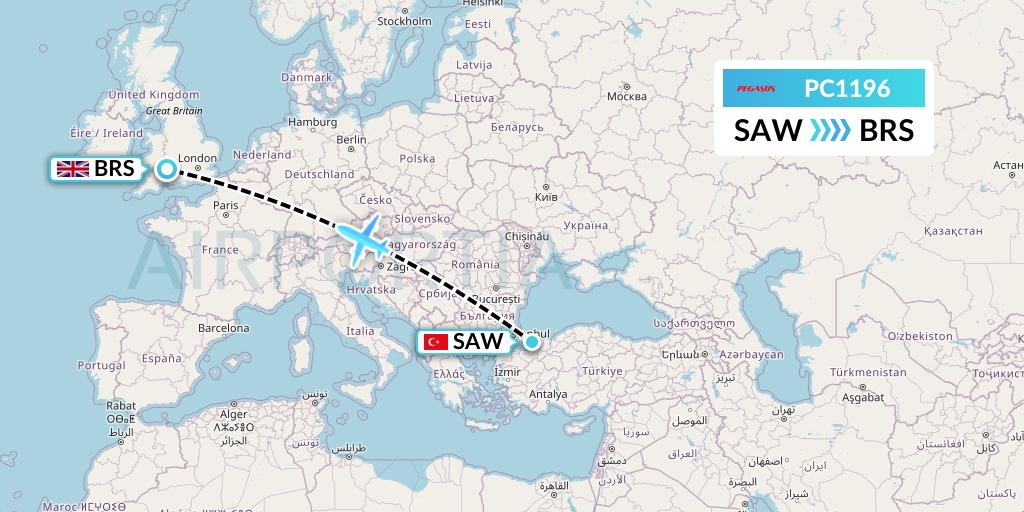 PC1196 Pegasus Airlines Flight Map: Istanbul to Bristol
