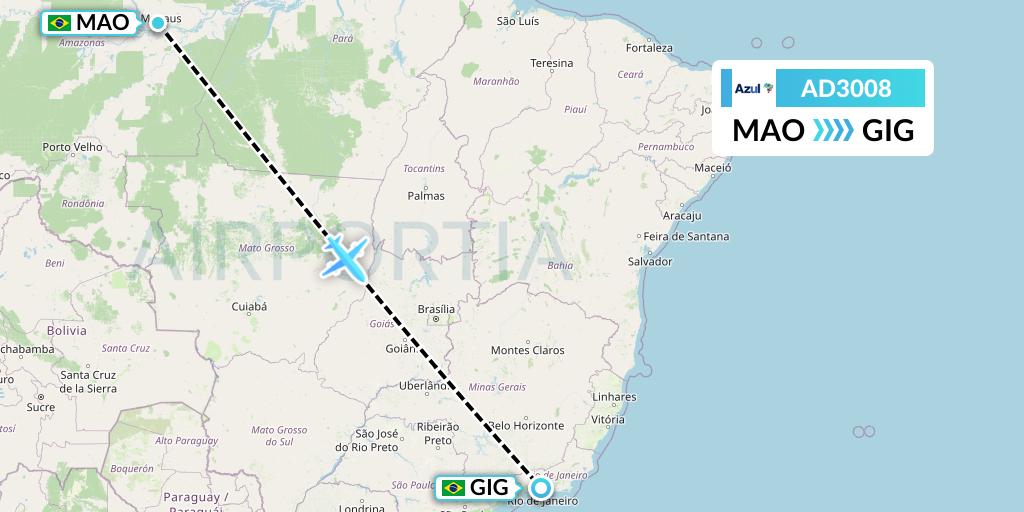 AD3008 Azul Brazilian Airlines Flight Map: Manaus to Rio de Janeiro