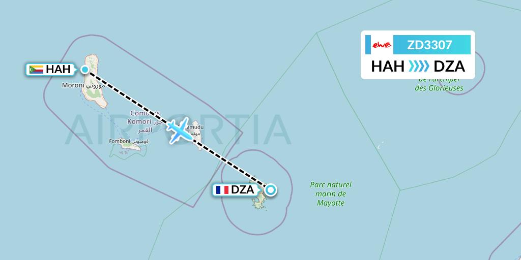 ZD3307 EWA Air Flight Map: Moroni to Dzaoudzi