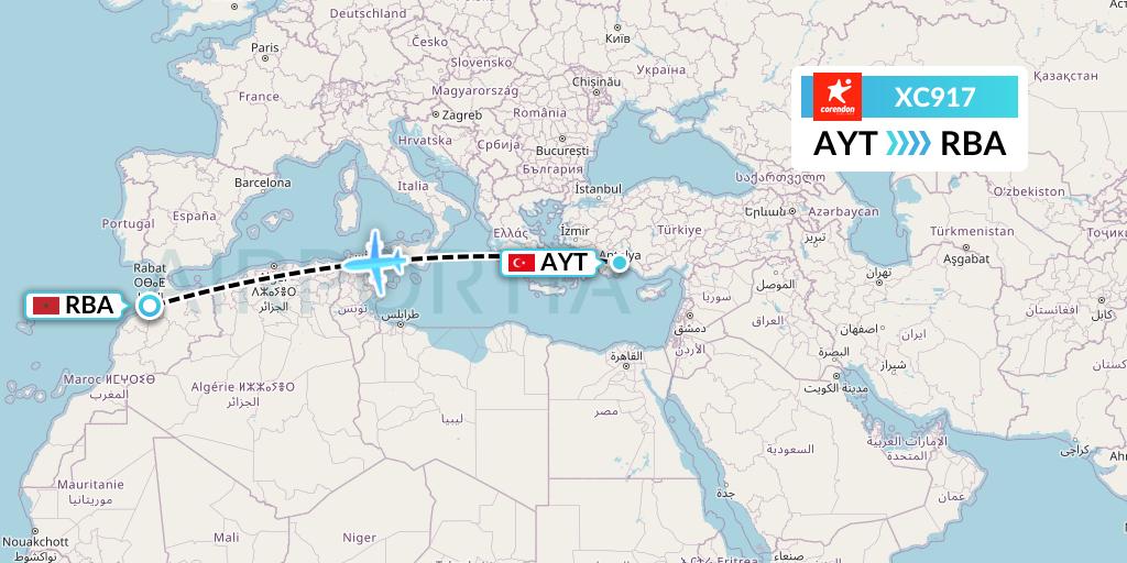 XC917 Corendon Airlines Flight Map: Antalya to Rabat