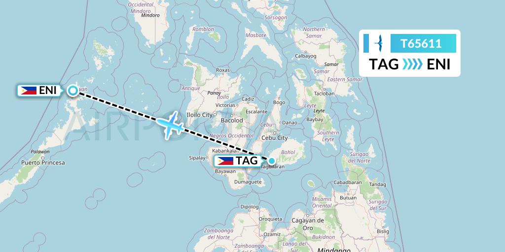 T65611 AirSWIFT Flight Map: Tagbilaran City to El Nido