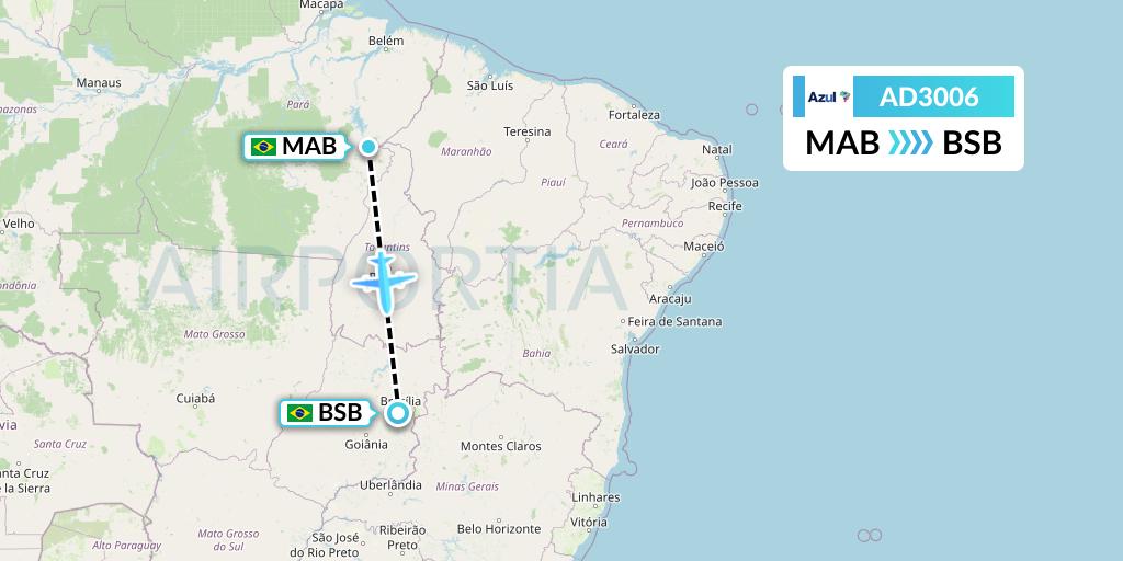 AD3006 Azul Brazilian Airlines Flight Map: Maraba to Brasilia