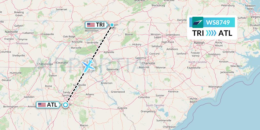 WS8749 WestJet Flight Map: Blountville to Atlanta