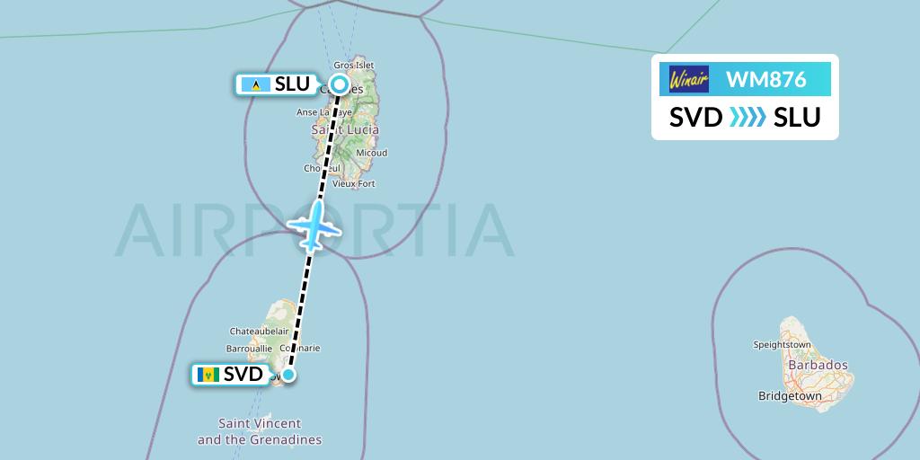 WM876 Winair Flight Map: Kingstown to Castries