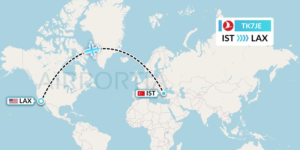 TK7JE Turkish Airlines Flight Map: Istanbul to Los Angeles