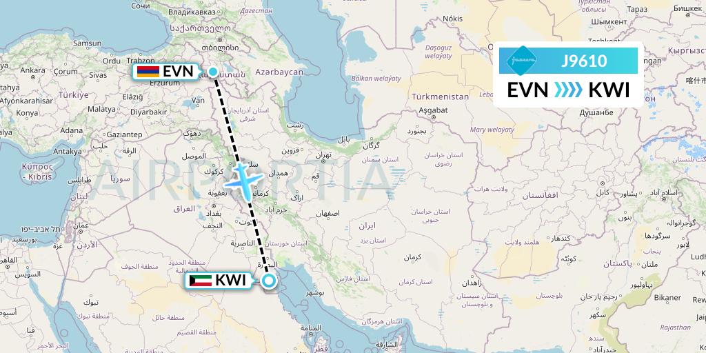 J9610 Jazeera Airways Flight Map: Yerevan to Kuwait City