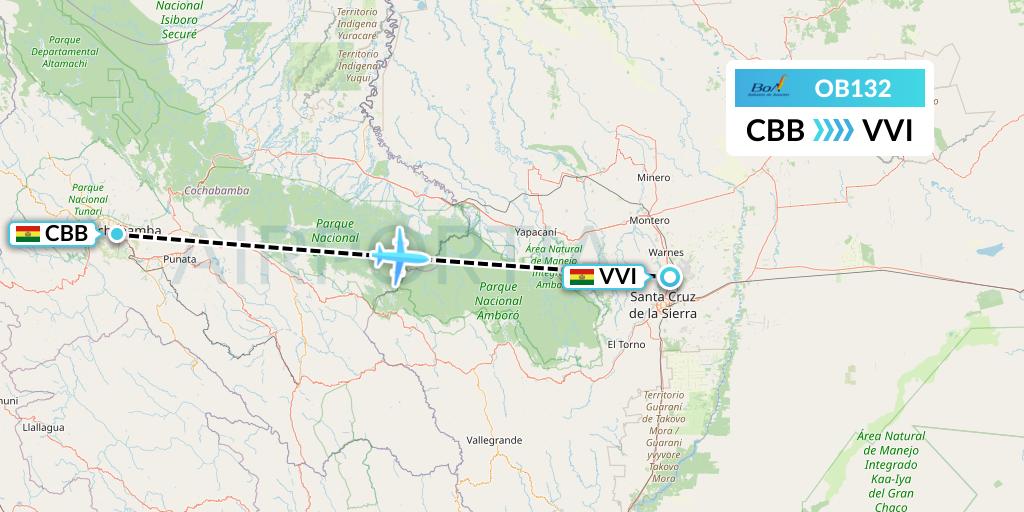 OB132 Boliviana de Aviacion Flight Map: Cochabamba to Santa Cruz