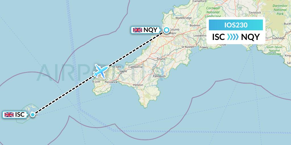 IOS230 Skybus Flight Map: Isles Of Scilly to Newquay