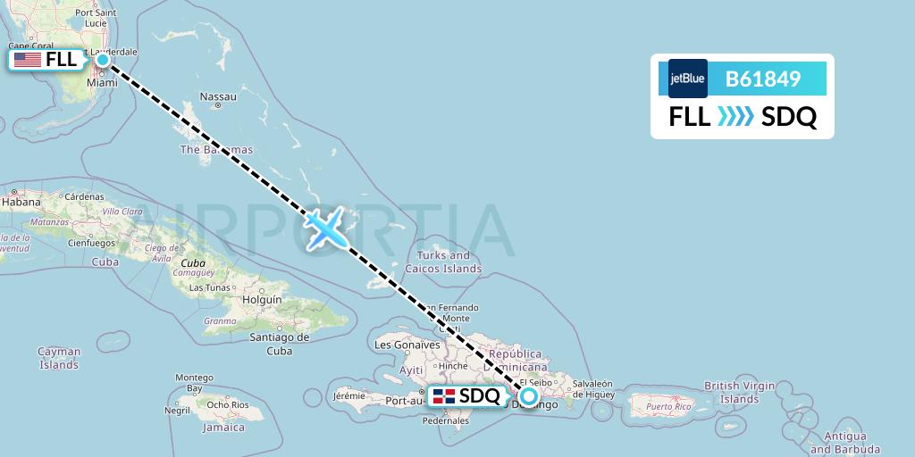 B61849 JetBlue Airways Flight Map: Fort Lauderdale to Santo Domingo