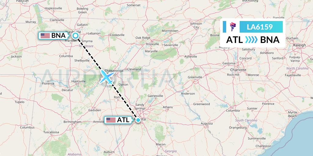 LA6159 LAN Airlines Flight Map: Atlanta to Nashville