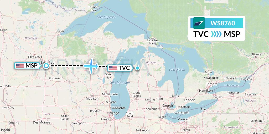 WS8760 WestJet Flight Map: Traverse City to Minneapolis