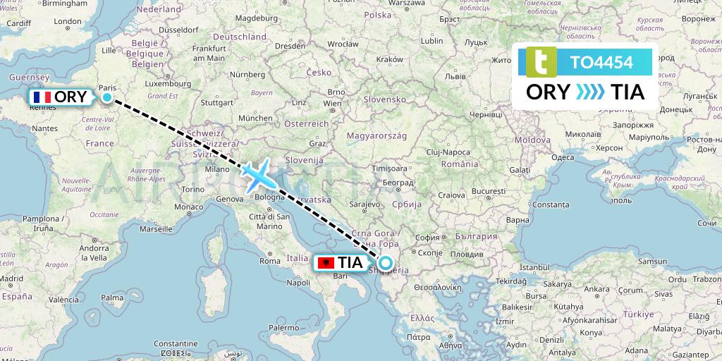 TO4454 Transavia France Flight Map: Paris to Tirana