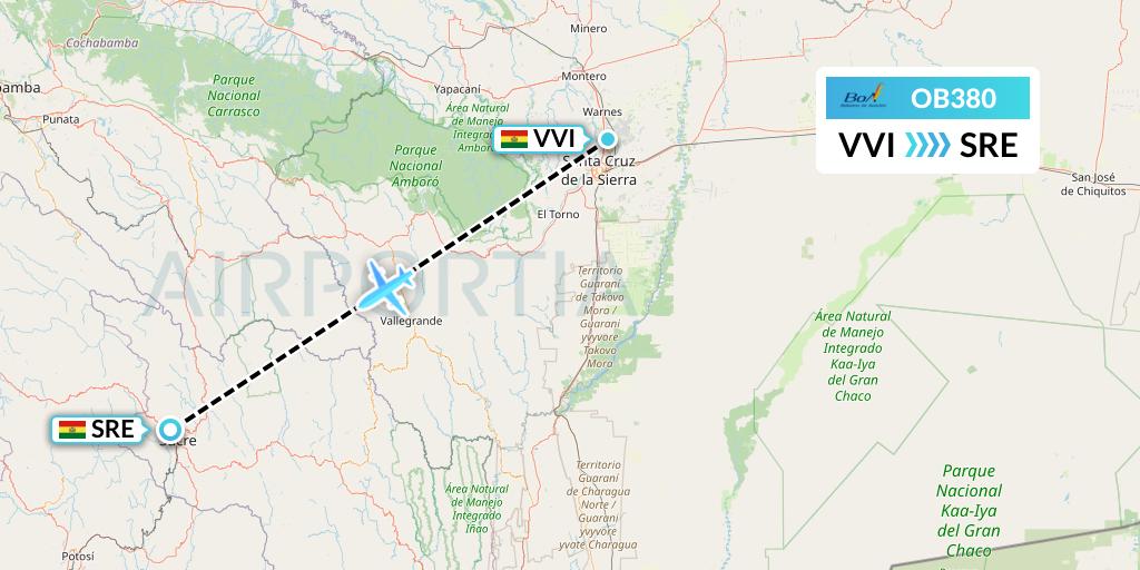 OB380 Boliviana de Aviacion Flight Map: Santa Cruz to Sucre