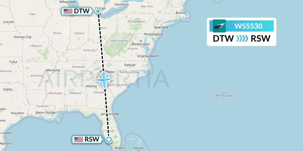 WS5530 WestJet Flight Map: Detroit to Fort Myers