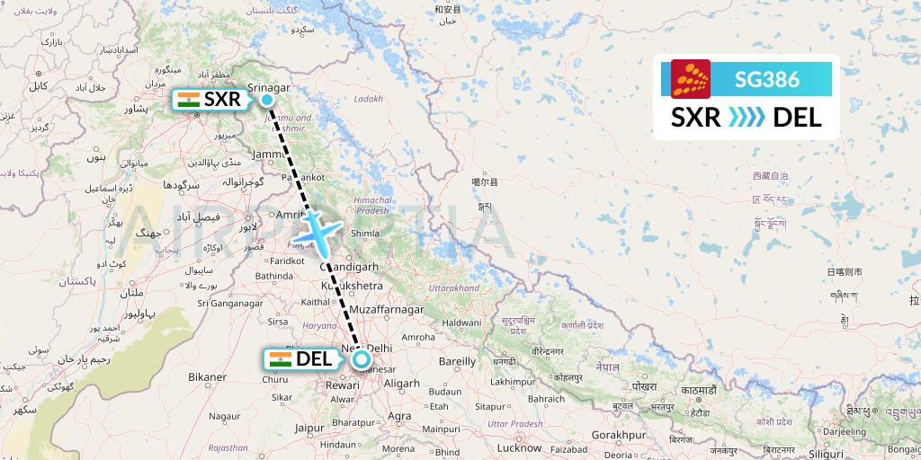 SG386 SpiceJet Flight Map: Srinagar to Delhi