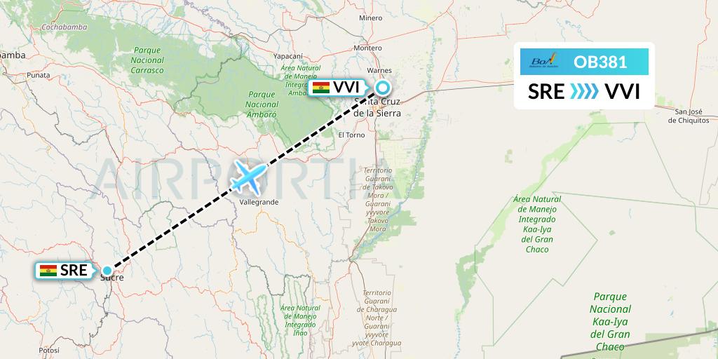 OB381 Boliviana de Aviacion Flight Map: Sucre to Santa Cruz
