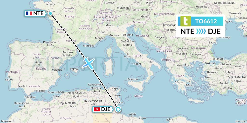 TO6612 Transavia France Flight Map: Nantes to Djerba