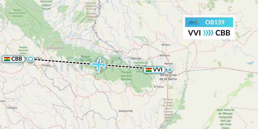 OB139 Boliviana de Aviacion Flight Map: Santa Cruz to Cochabamba