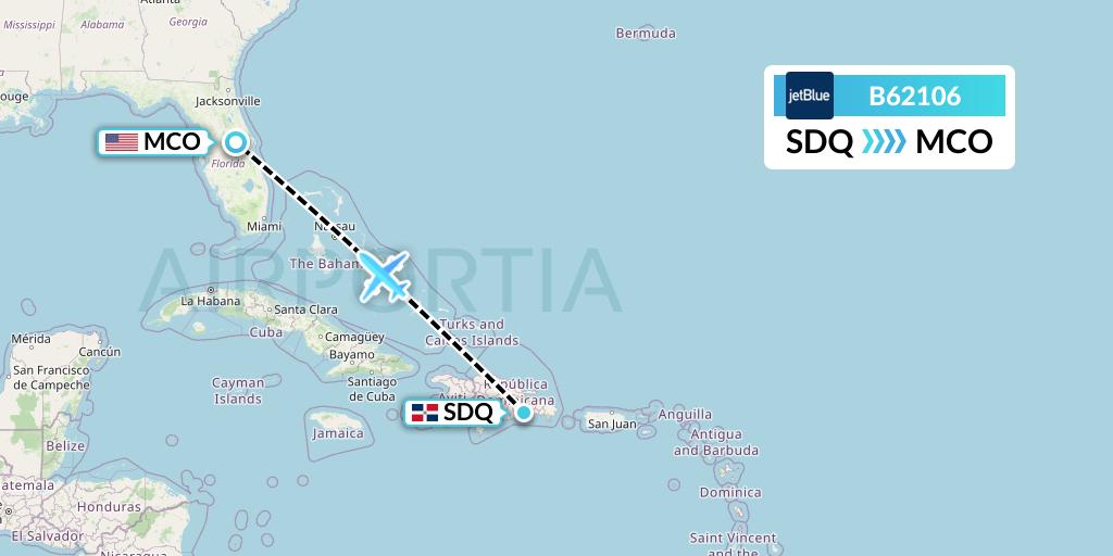 B62106 JetBlue Airways Flight Map: Santo Domingo to Orlando
