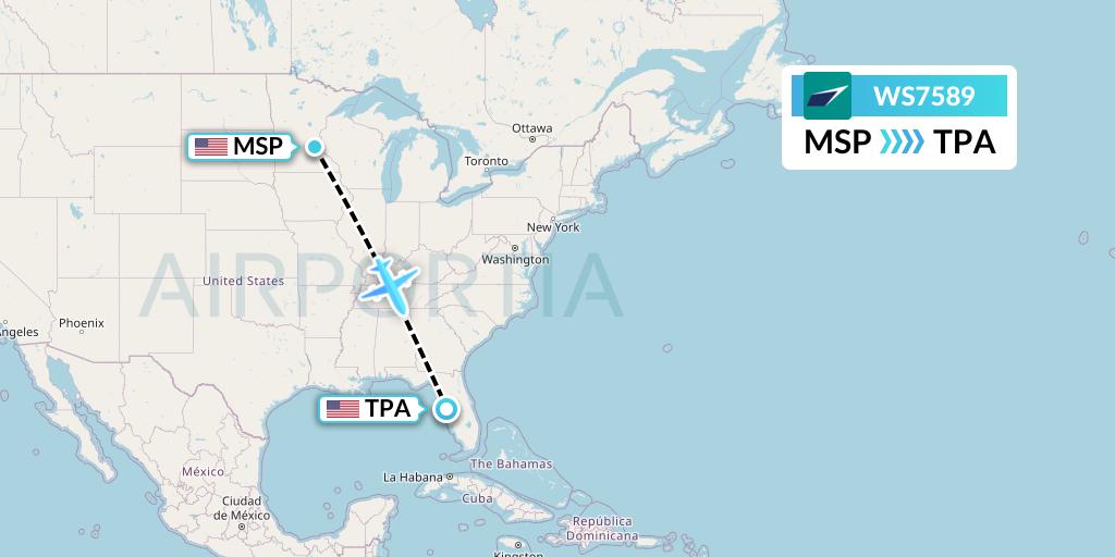 WS7589 WestJet Flight Map: Minneapolis to Tampa