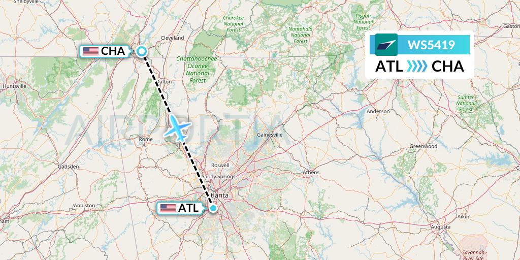 WS5419 WestJet Flight Map: Atlanta to Chattanooga