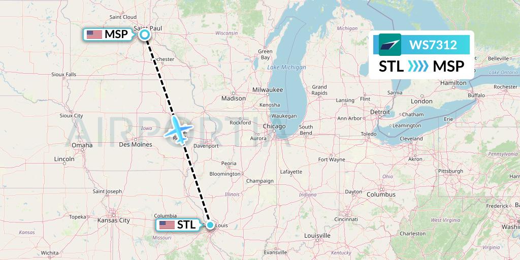 WS7312 WestJet Flight Map: St. Louis to Minneapolis