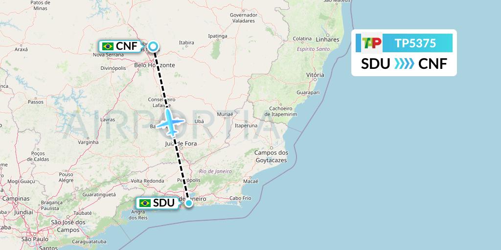 TP5375 TAP Portugal Flight Map: Rio de Janeiro to Belo Horizonte