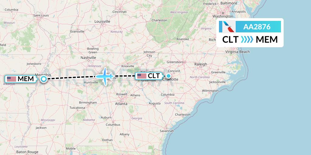 AA2876 American Airlines Flight Map: Charlotte to Memphis