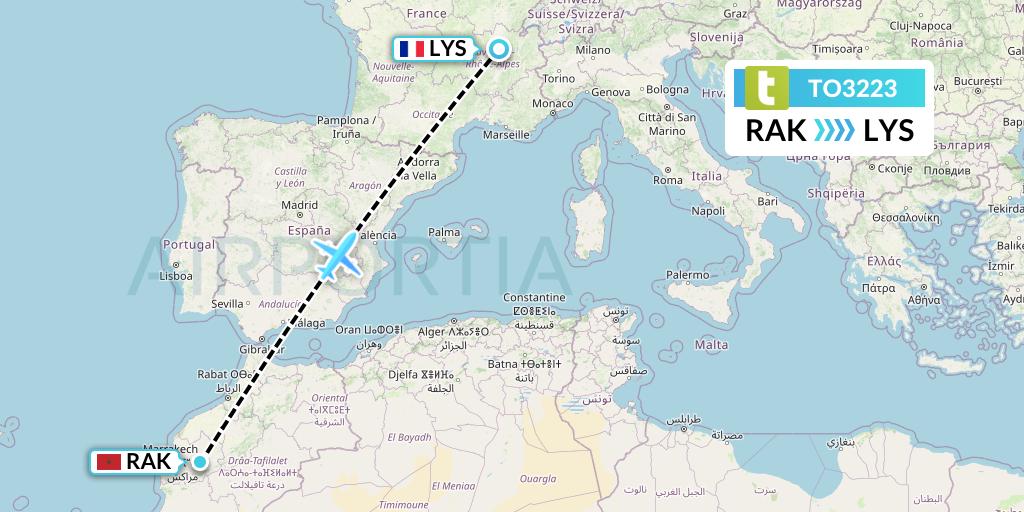 TO3223 Transavia France Flight Map: Marrakesh to Lyon