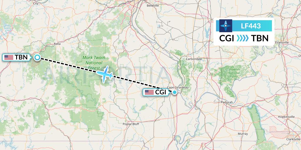 LF443 Corporate Flight Management Flight Map: Cape Girardeau to Waynesville