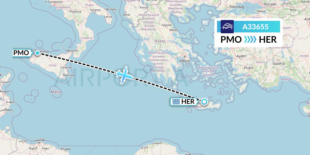 A33655 Aegean Airlines Flight Map: Palermo to Heraklion