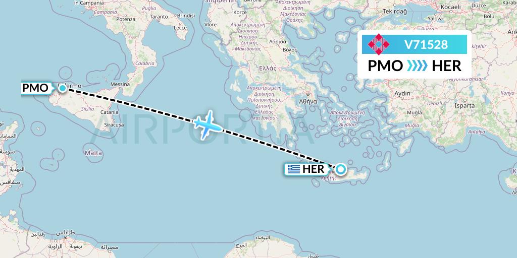 V71528 Volotea Flight Map: Palermo to Heraklion