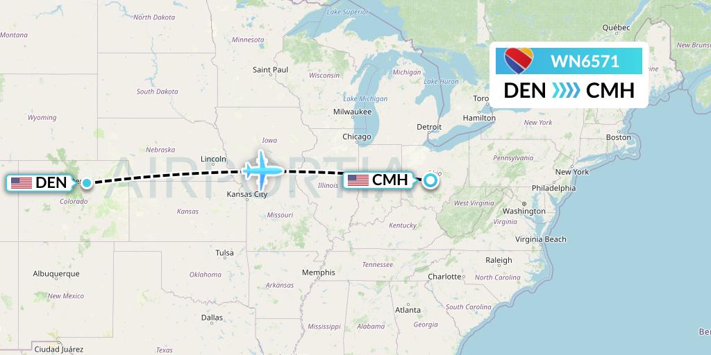 WN6571 Southwest Airlines Flight Map: Denver to Columbus