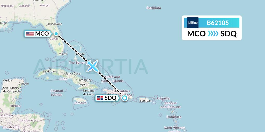 B62105 JetBlue Airways Flight Map: Orlando to Santo Domingo