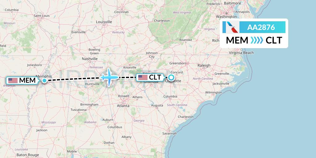 AA2876 American Airlines Flight Map: Memphis to Charlotte