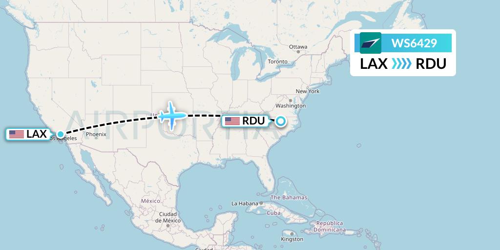 WS6429 WestJet Flight Map: Los Angeles to Raleigh-Durham