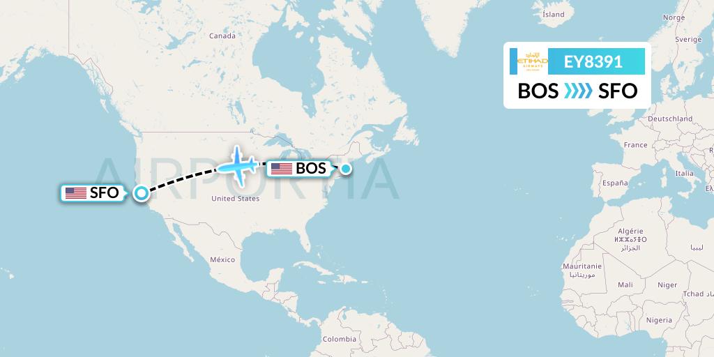 EY8391 Etihad Airways Flight Map: Boston to San Francisco