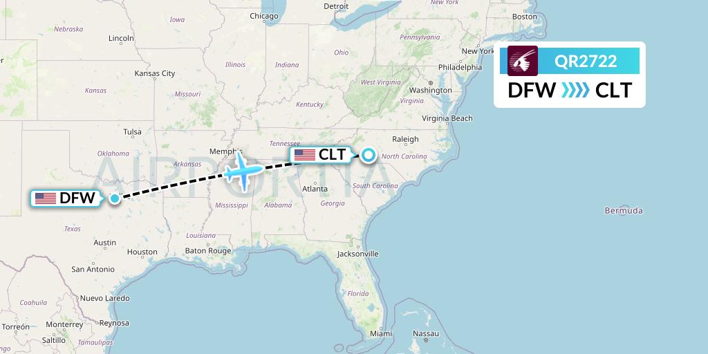 QR2722 Qatar Airways Flight Map: Dallas to Charlotte