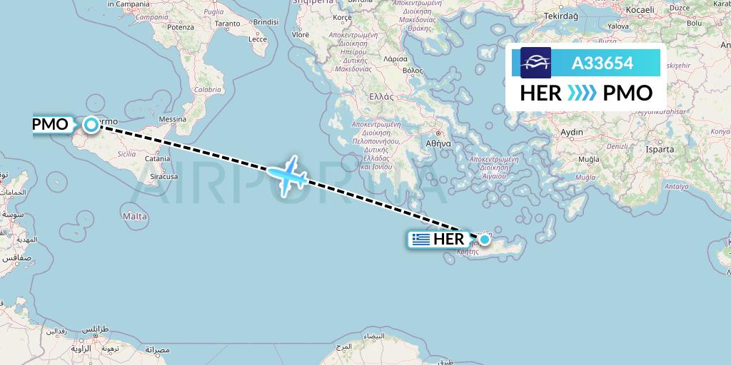 A33654 Aegean Airlines Flight Map: Heraklion to Palermo