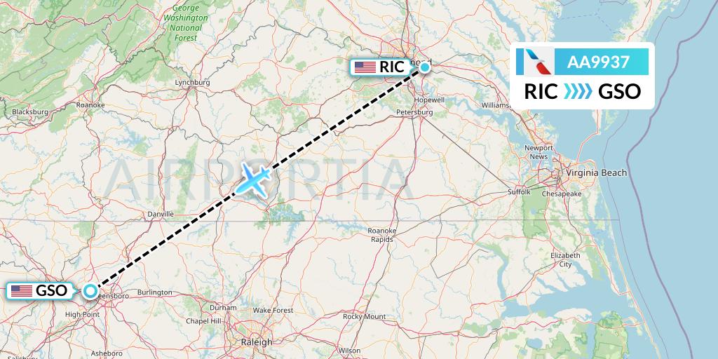 AA9937 American Airlines Flight Map: Richmond to Greensboro